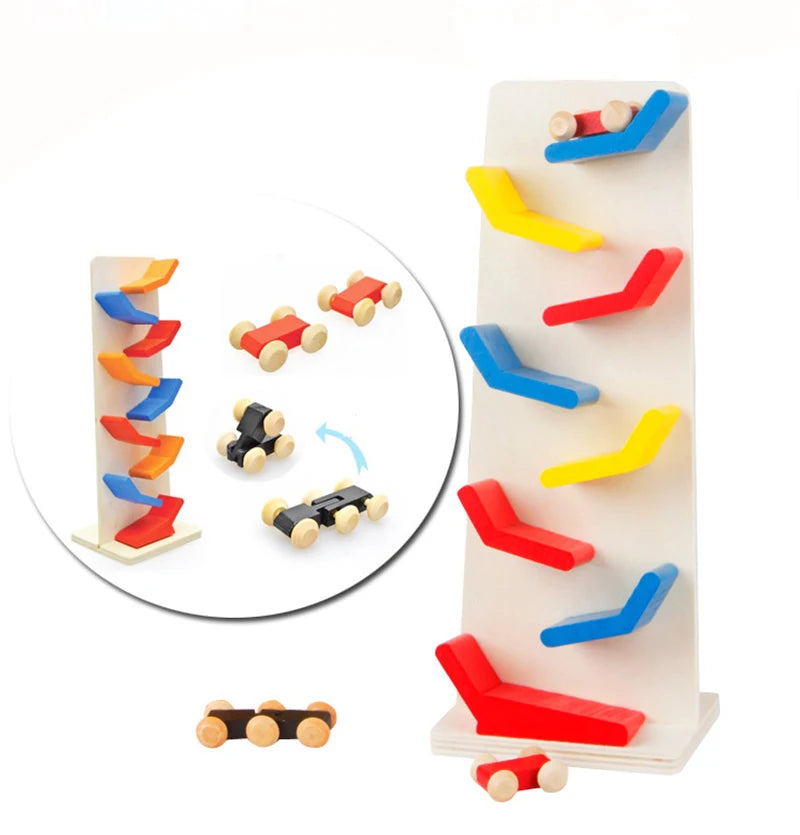 WEI WEI TIGER Kid Wooden Montessori Educational Car Racer Ramp Track Set Tower Slot Toy for 2-4 & 5-7 Years Unisex