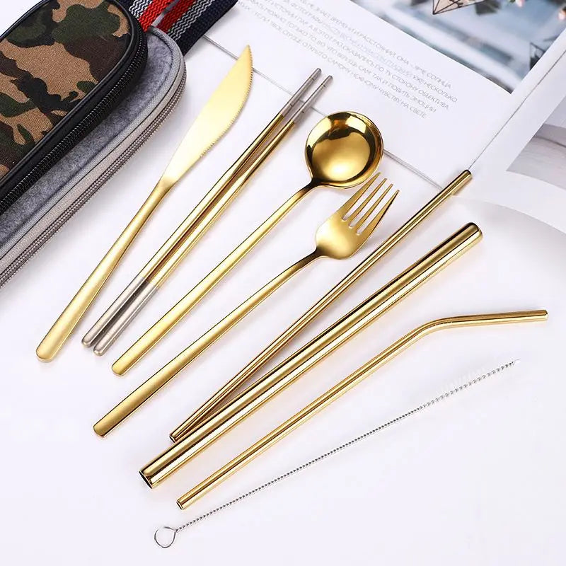 Dinnerware Set Travel Camping Cutlery Set Reusable Silverware with Metal Straw Spoon Fork Chopsticks and Portable Case