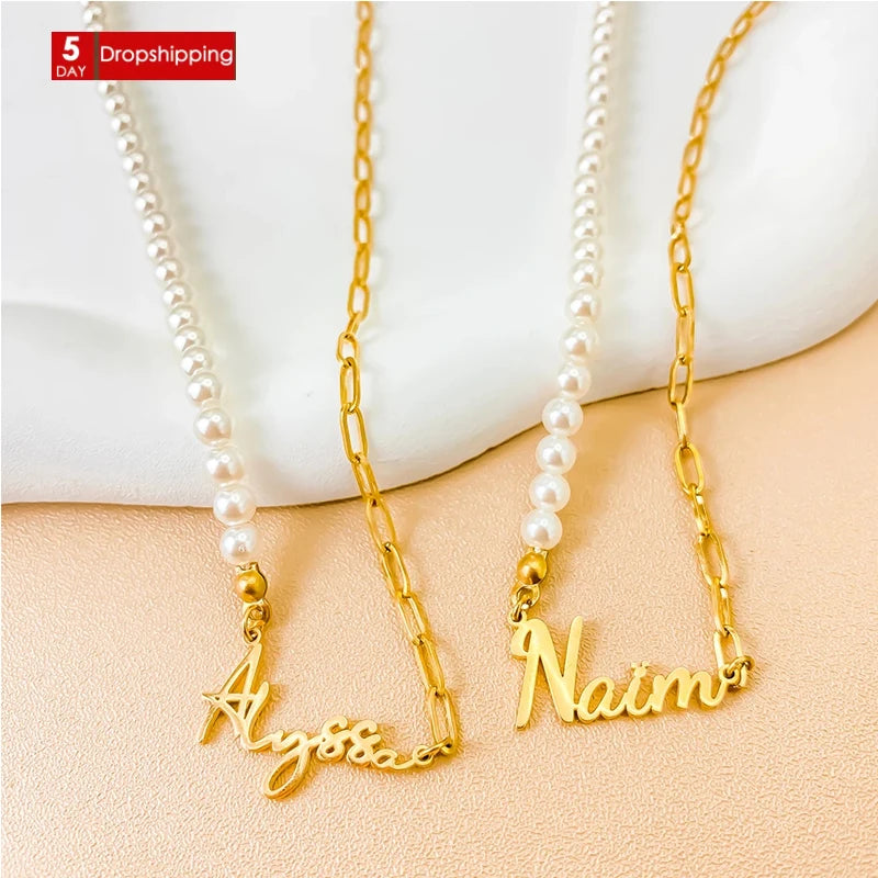 EManco Drop Shipping Personalized Name Letter Pendant Necklace Faux Pearl Diamond Fashionable Style 316 Paperclip Chain