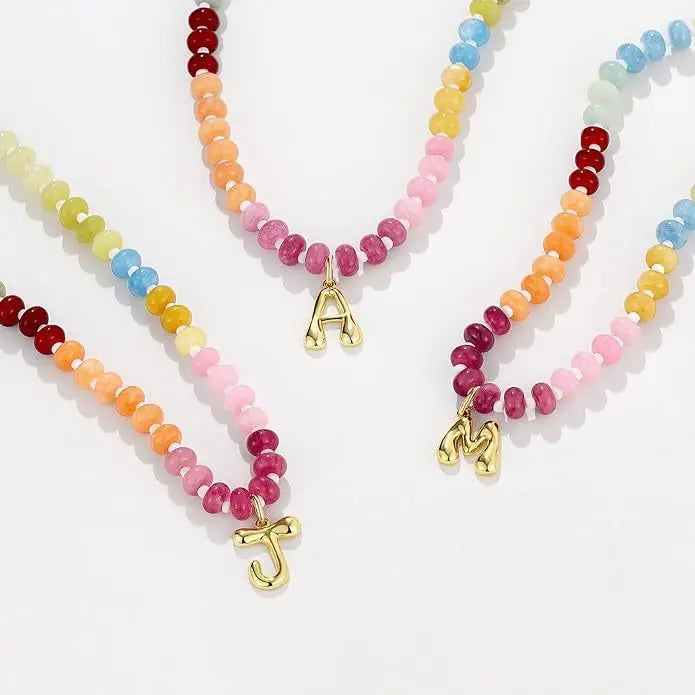 Hot Sale Summer Beach Jewelry Women 14K Letter Pendant Colored Gemstone Stone Necklace