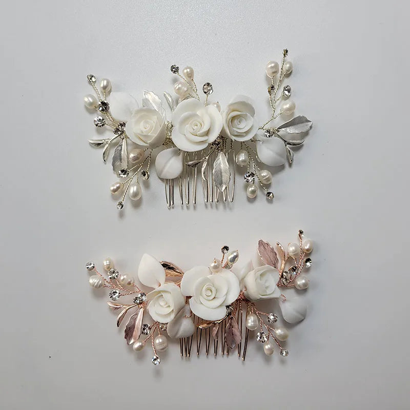 SLBRIDAL Crystal Rhinestone Freshwater Pearls Ceramic Flower Bridal Hair Comb Wedding Hair Accessories Bridesmaids Women Jewelry