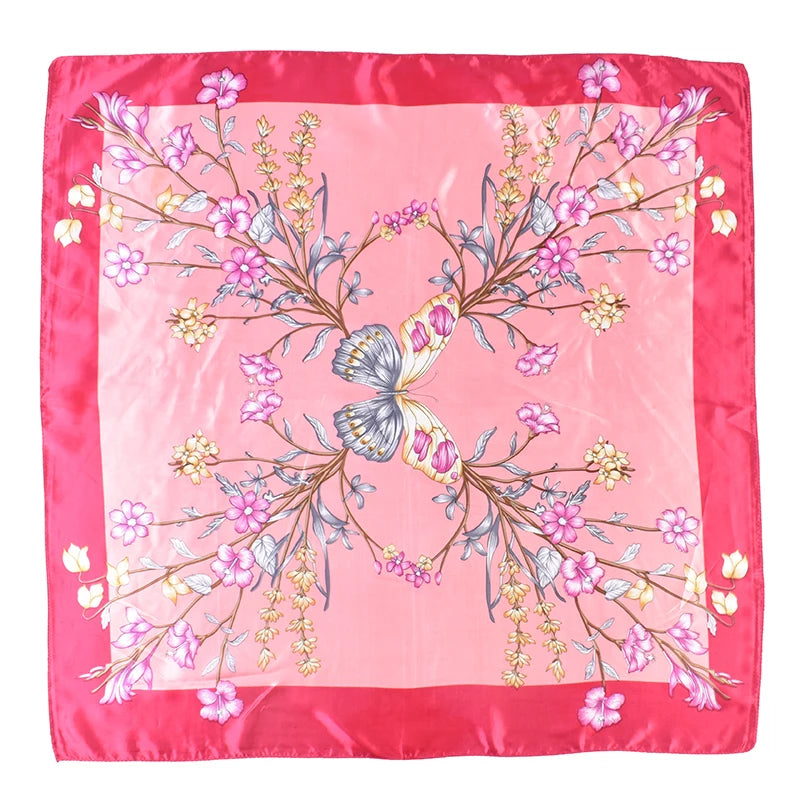 2024 New Fashion Retro Luxury Flower Butterfly Printed Satin Shiny Square Scarf  Kerchief Veil Coverchief Headbatch Head Scarf