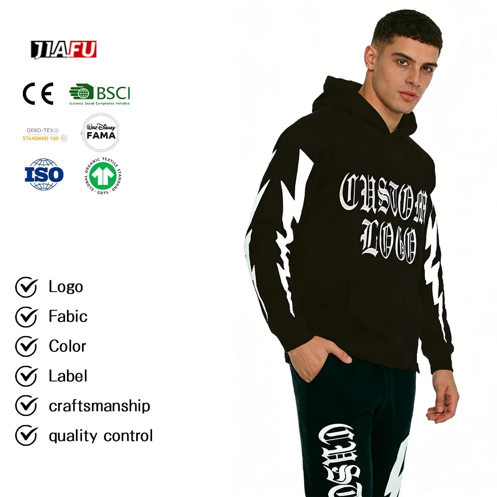 Custom Puff Printed Solid Lined Heavyweight Cotton Knitted Fabric Eco-Friendly Autumn Sweatpants Hoodie Set Men Distressed