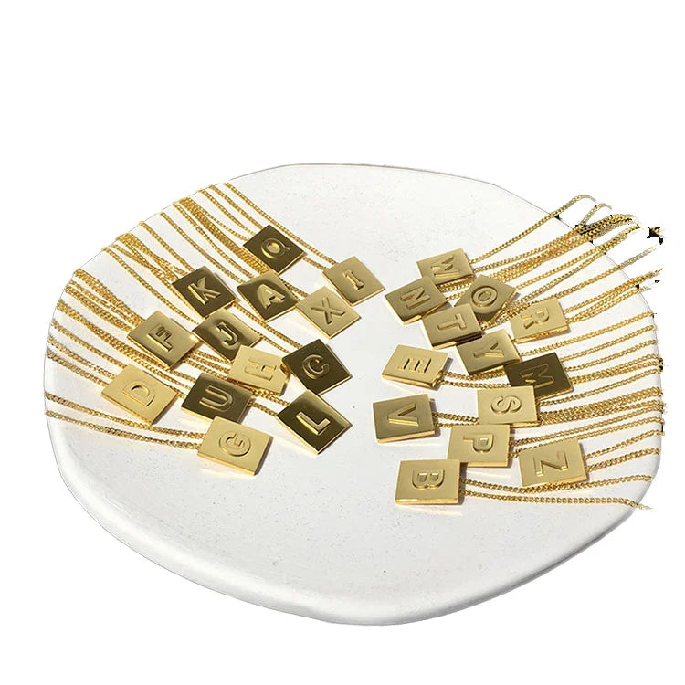 Gold Plated Stainless Steel 26 Alphabet Letter Charm Pendant Necklaces Initial Medal Rectangular Pendant Chain Necklace