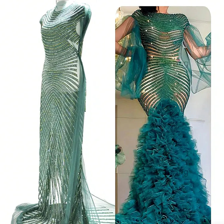 WDP-083 African Hot Selling Green Bodice Applique Long Dress Panel Rhinestone Applique