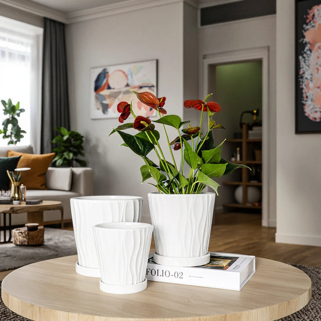 Wholesale Cheap Strip Nodic Style Round White Ceramic Flower Pot for Home Use Discounted Striped Succulent Balcony Gardening Pot
