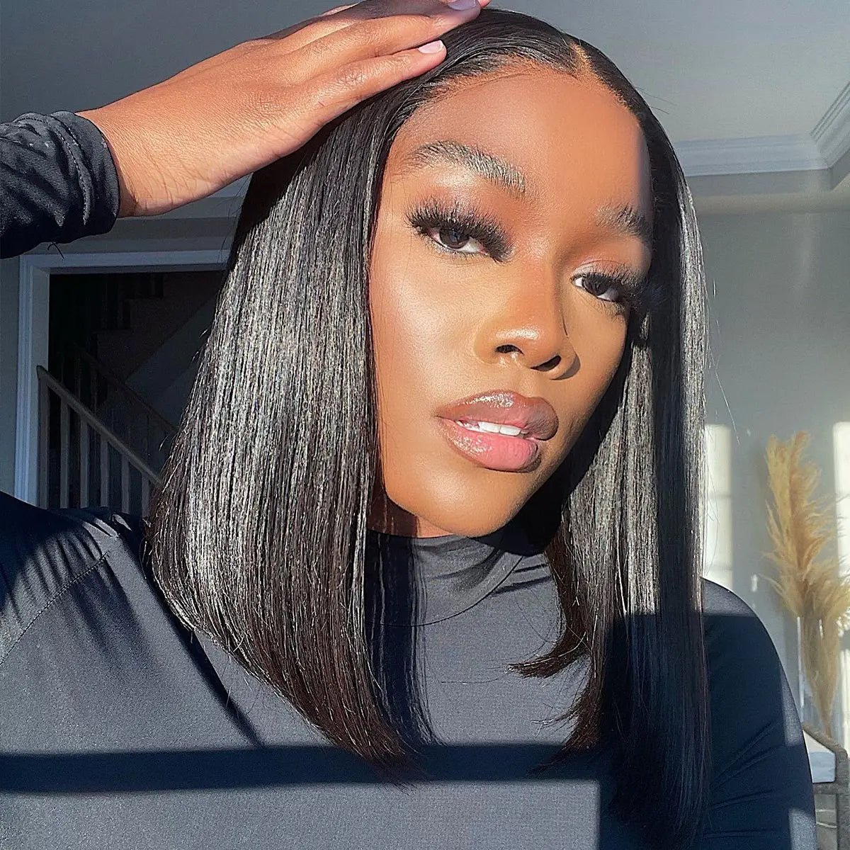Natural Bob Wig Human Hair 13x4 Frontal Lace Wig 14 Inch Straight 180% Density Pre Plucked Lace Front Wigs for Black Women