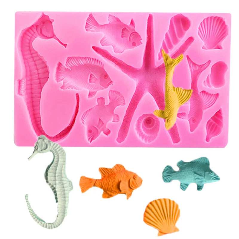 2024 Marine Silicone Mold for Cake & Crafts Mermaid Tail Seashell Starfish Hippocampus Conch Fondant Mold Baking Sugar Work