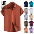 2025 New Men Casual Short Sleeve Shirt Cotton Linen Blend Lightweight Loose Fit Solid Color Button Down Collar Vacation T-Shirt