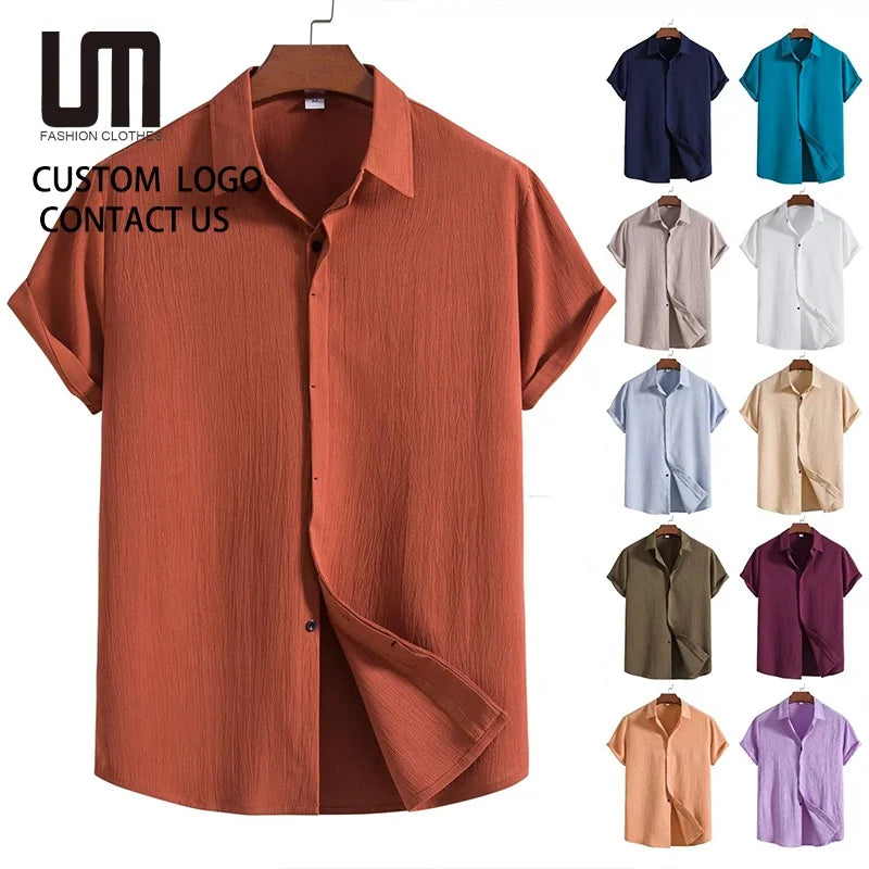 2025 New Men Casual Short Sleeve Shirt Cotton Linen Blend Lightweight Loose Fit Solid Color Button Down Collar Vacation T-Shirt