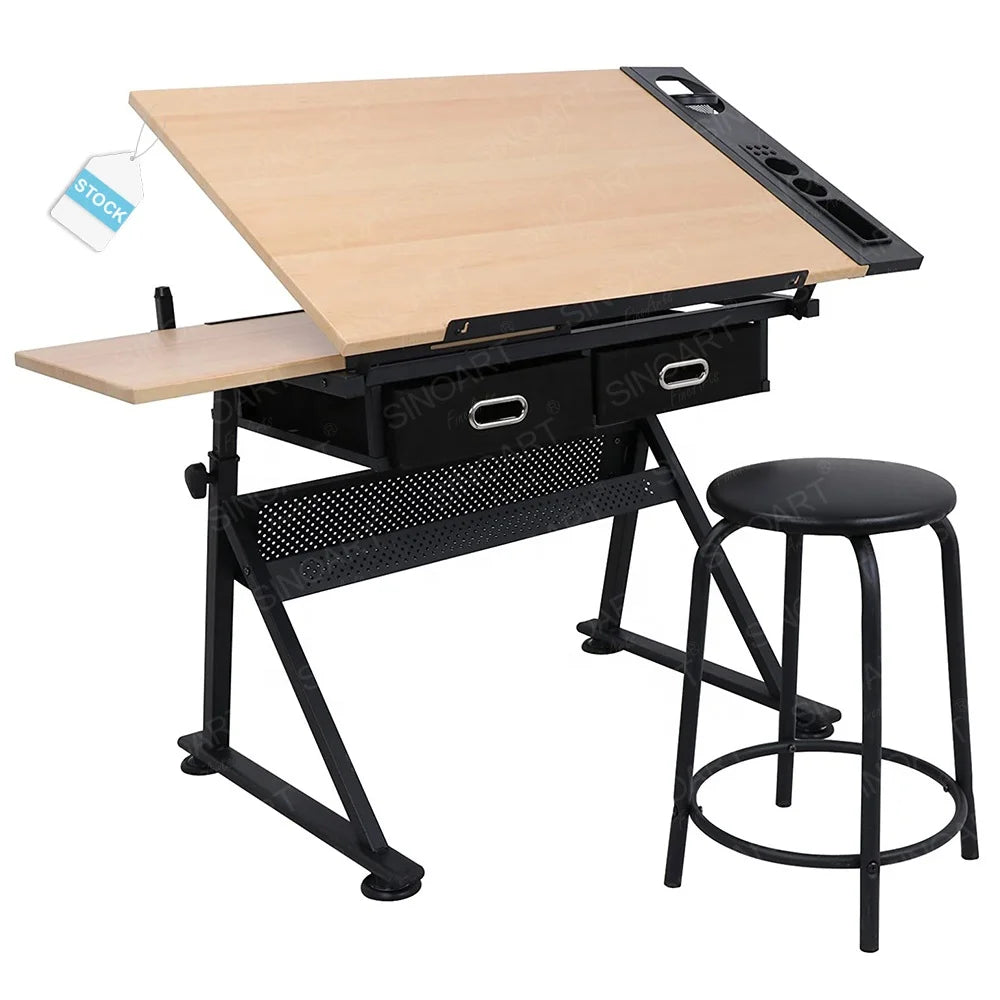 SINOART in STOCK Art Drawing Table Adjustable Tilted Tabletop Drafting Wooden Drafting Drawing Table with Stool