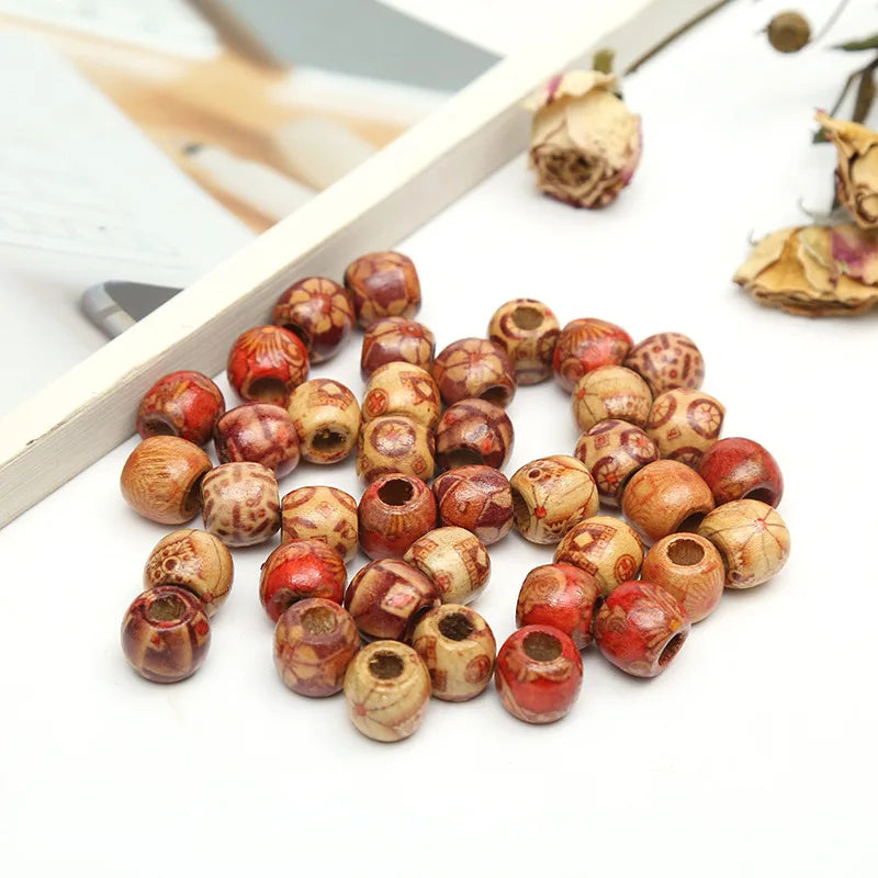 New Bulk Retro Bag Flower Round Beaded Various Printed Wooden Beads Creative Diy Decorative Accessories Wooden Beaded Bracelet