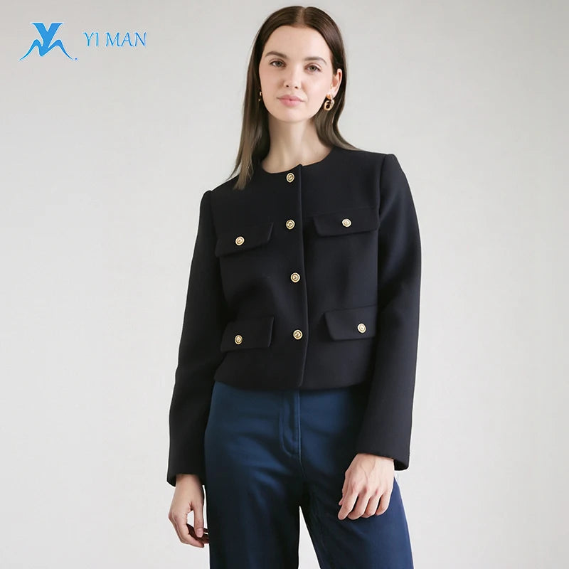 Women  Autumn Winter Fashion Coat Button-Decorated Round Neck Solid Color Suit Jacket