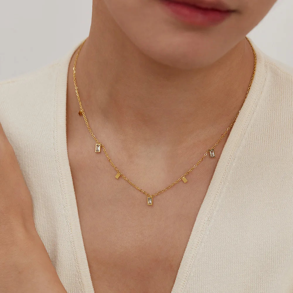 18K Gold Plated Non Fade Simple Geometric Square Zircon Chain Stainless Steel Charm Necklace Ladies Jewelry