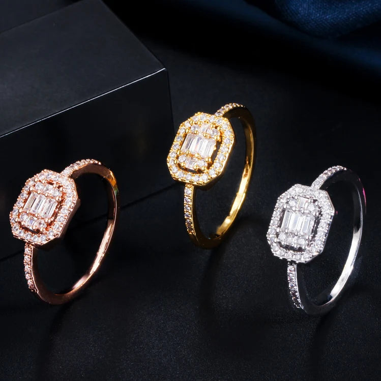 Brilliant White CZ Cubic Zircon 3 Colors Gold Plated Engagement Wedding Sparkle Rings for Women Best Jewelry Gift