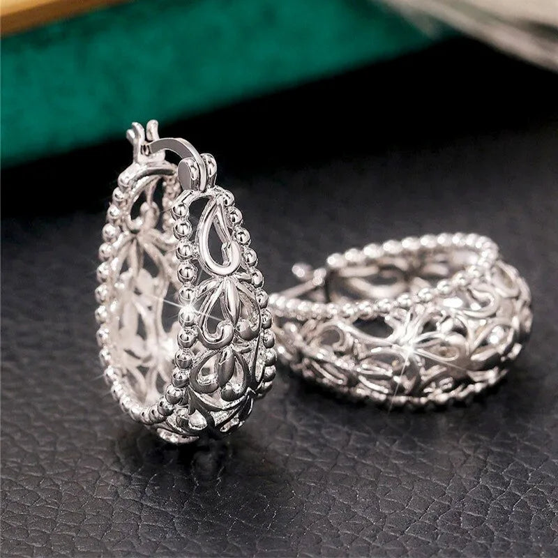 CAOSHI Factory Wholesale Vintage Hollow Flower Pattern Design Silver Plated Earrings for Hip Hop Party Hoop Earrings Women Men