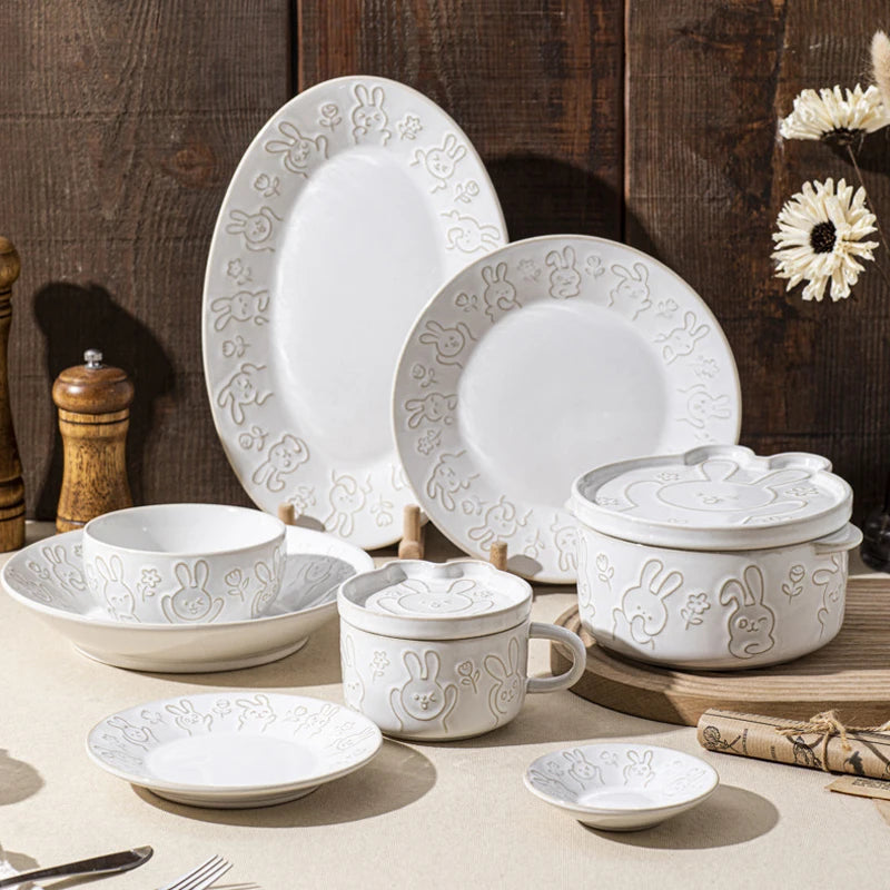 Ceramic Belly Cup Breakfast Porridge Bowl White Cartoon Rabbit Tableware Household Kitchen Full Porcelain Dinner Set Steak Tray