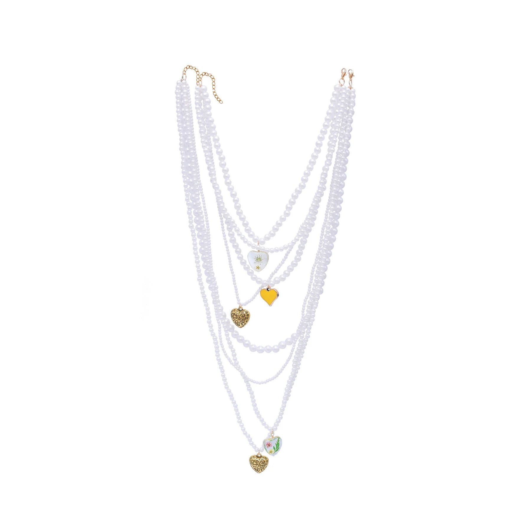 White Multilayer Handmade Simulated Pearl Beaded Stacked Necklace for Women Trendy Alloy Chains Heart Charms for Evening Parties