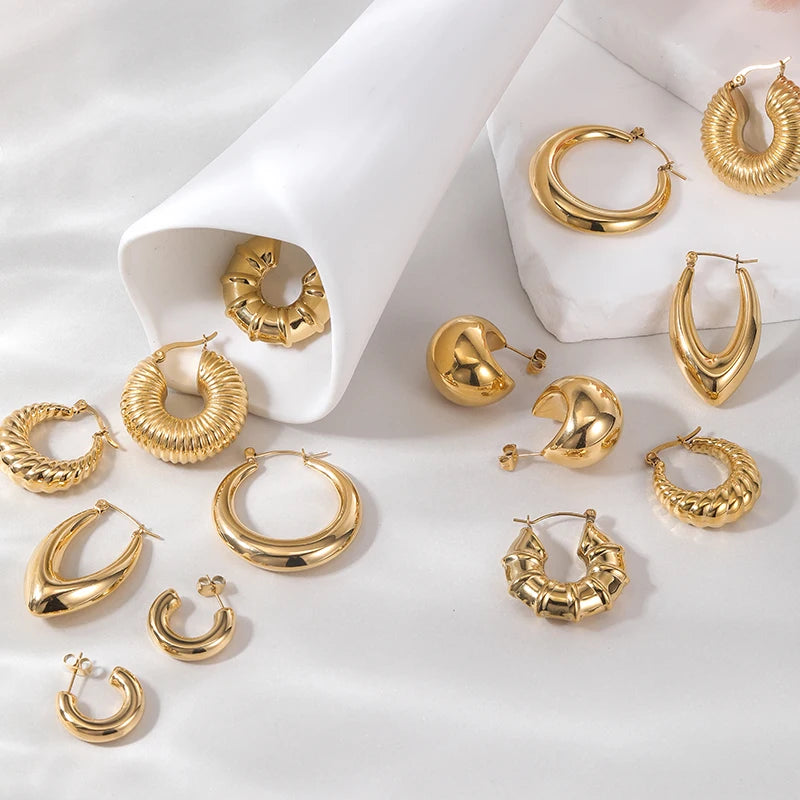 HOVANCI 18k PVD Gold Plated Screw Twisted Earring Stainless Steel Smooth Hypoallergenic Chunky Hoop Earrings for Women MegaBDM