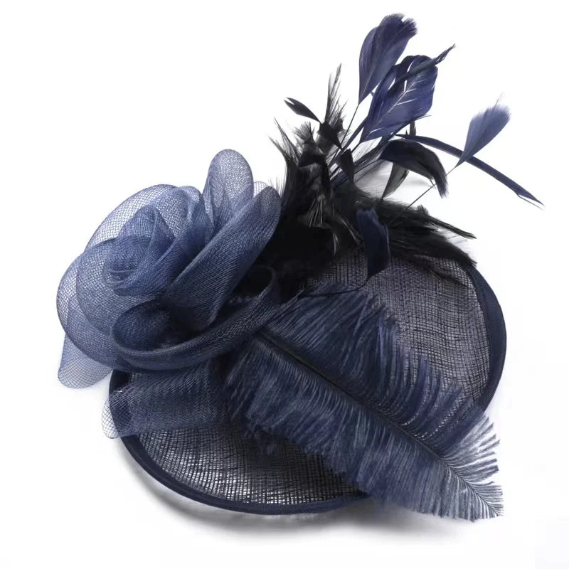 VintageWomen Feather Headband Wedding Party Church Bridal Hat Flower Headdress Large Mesh Elegant Feather Hair Accessories