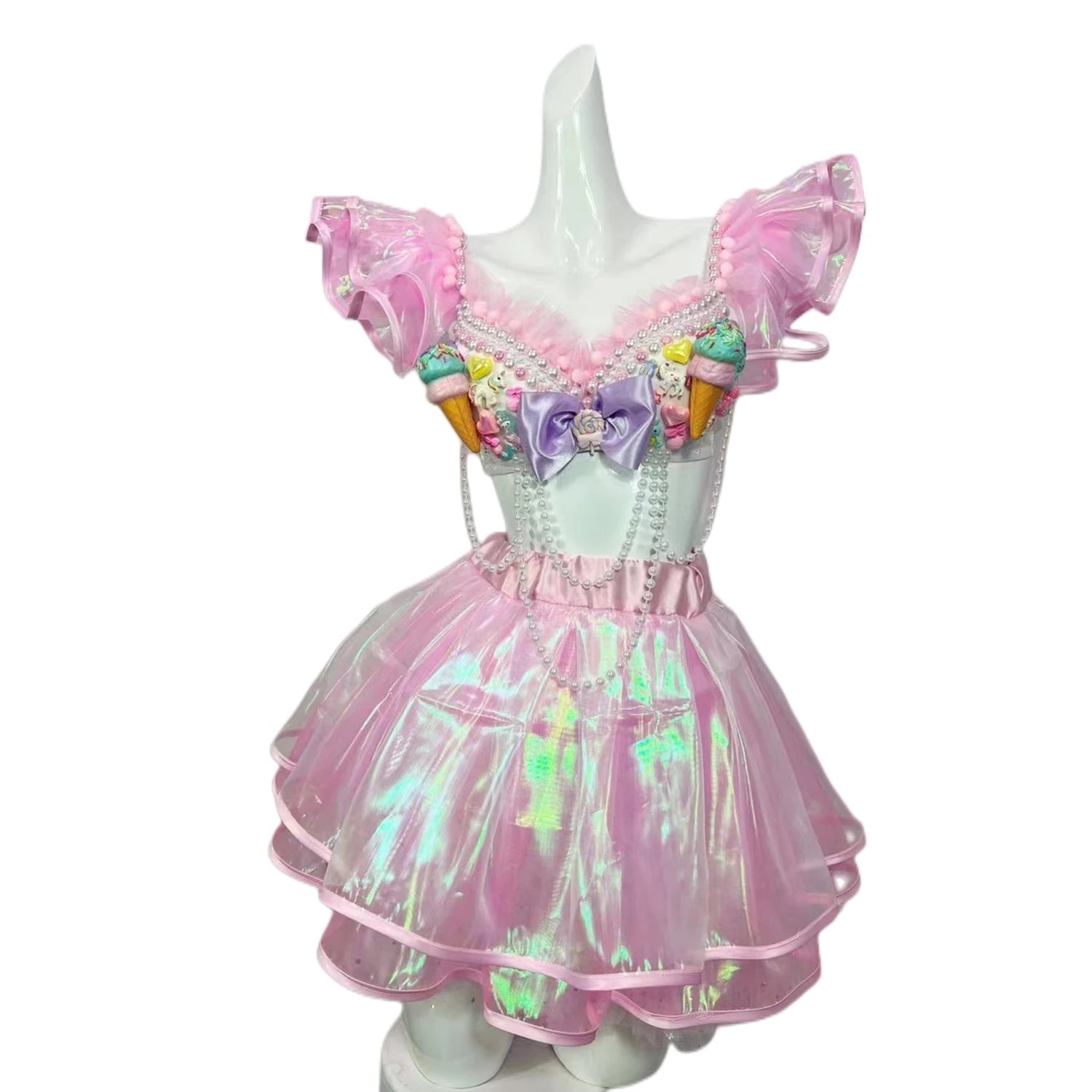 Stage Performance Costume Exotic Stripper Dancewear Club Bikini Cute Bow Pink Pearls Tassel Bikini Sets Women Bra Tutu Skirts