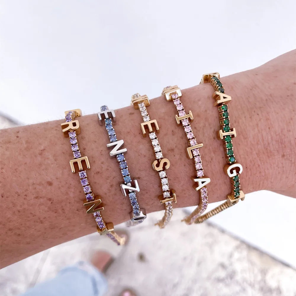 Qiuhan OEM/ODM Personalized Custom Letters Tennis Chain Colorful Zircon Name Mom Bracelet