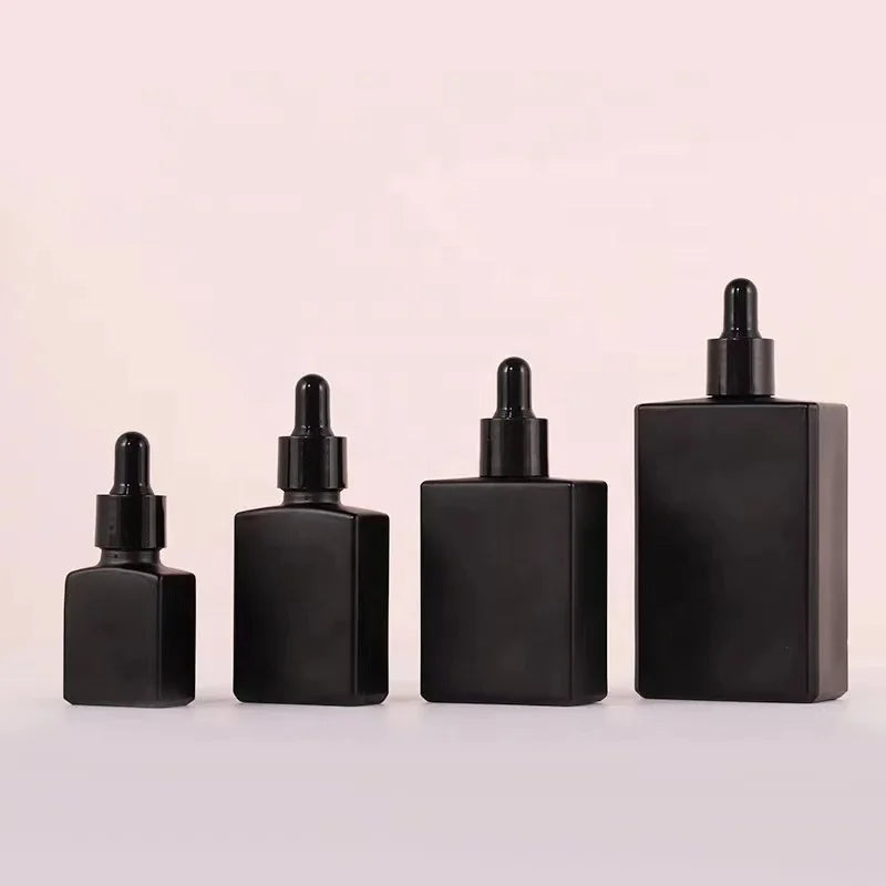 In Stock Black Frosted Flat Square Essential Oil Bottles 15ml/30ml/50ml/100ml PP Collar Skin Care Serum