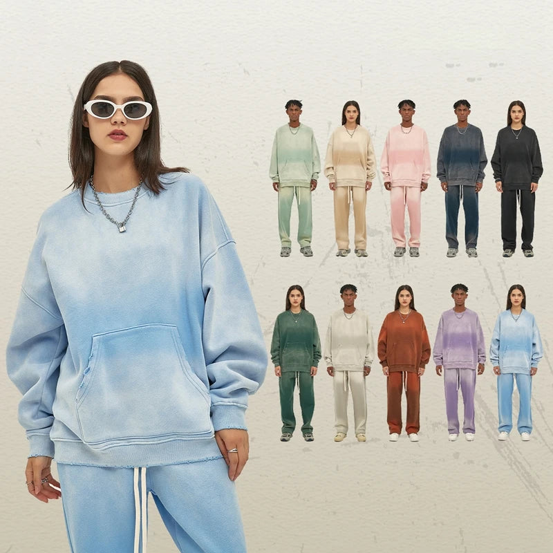 Autumn Winter Heavy Weight 360 GSM Fleece Sun Faded Vintage Wash Distressed Crewneck Oversized Sweatshirt Men and Women