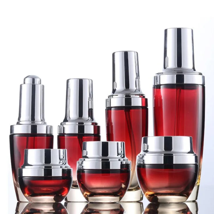 In Stock in Stock Red and Black Jar and Bottle Set for Cosmetics Luxury Glass Pump Dropper Bottle and Cream Jar Set