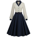 Spring Autumn Vintage 50s Long Sleeve Dress for Women Retro Turtleneck Contrast Knee Length Dress