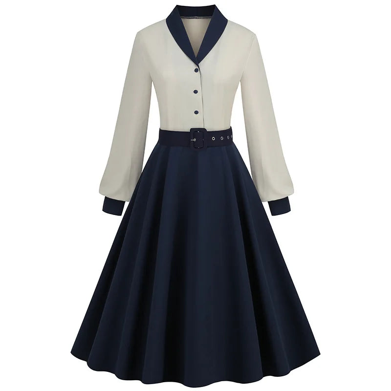 Spring Autumn Vintage 50s Long Sleeve Dress for Women Retro Turtleneck Contrast Knee Length Dress