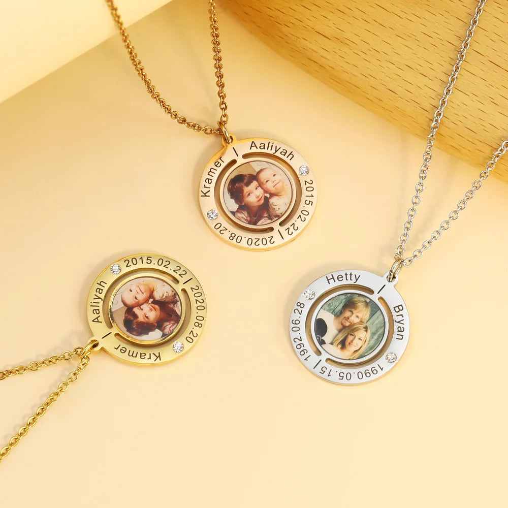 QIUHAN OEM Stainless Steel Laser Lettering Birthday Stone Photo Pendant Custom Name Necklace