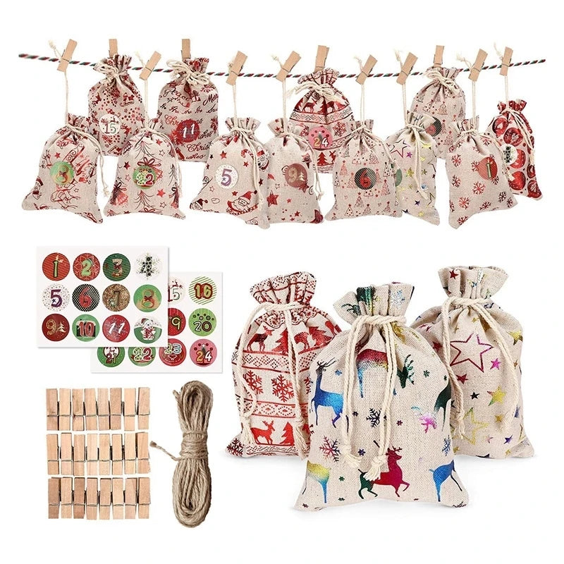 24Pcs Factory Christmas Gift Bags Calendar Countdown Cotton Bag Candy Storage Pouch DIY Advent Calendar Reusable Eco-Friendly