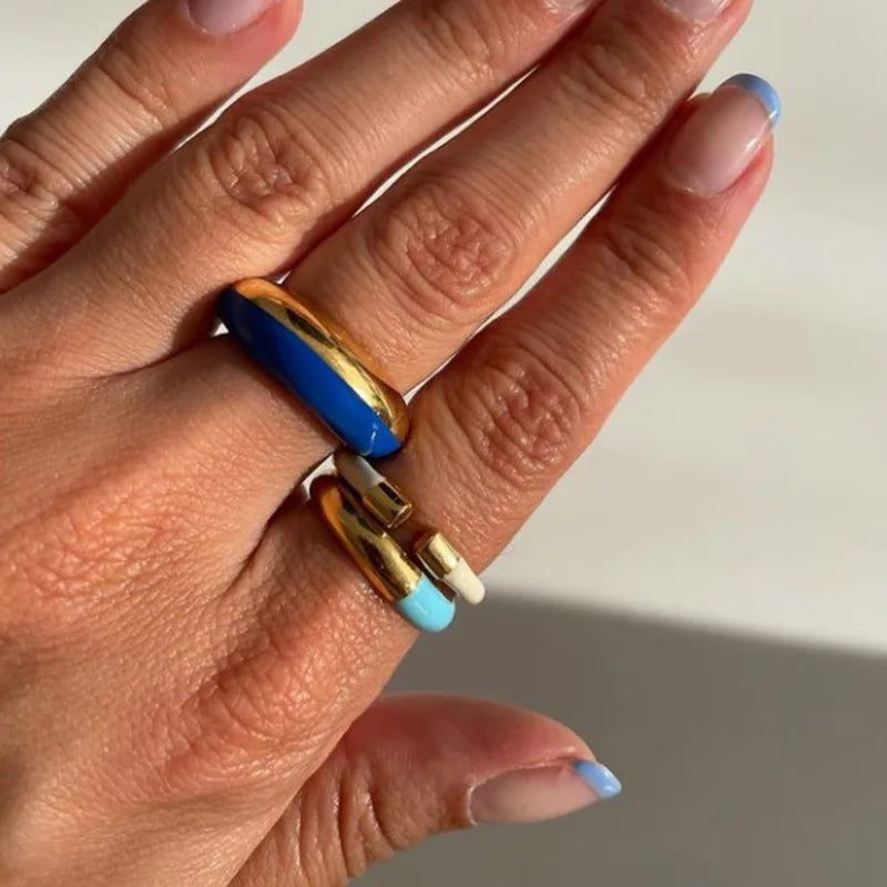 JLR0299 Non Tarnish & Waterproof 2 Colors Mixed Navy Blue Enamel Rings Stainless Steel Ring for Women