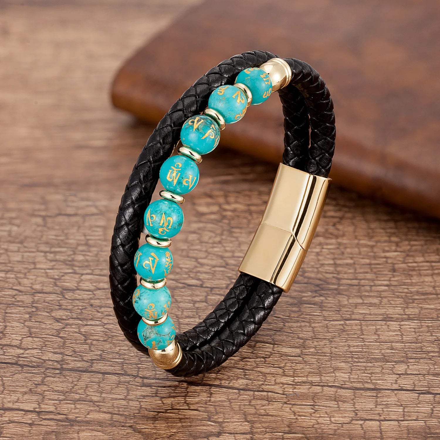 Classic High Quality Stainless Steel Beads Charm Double Layer Magnet Clasp Real Genuine Leather Custom Logo Bracelet Men SL-45