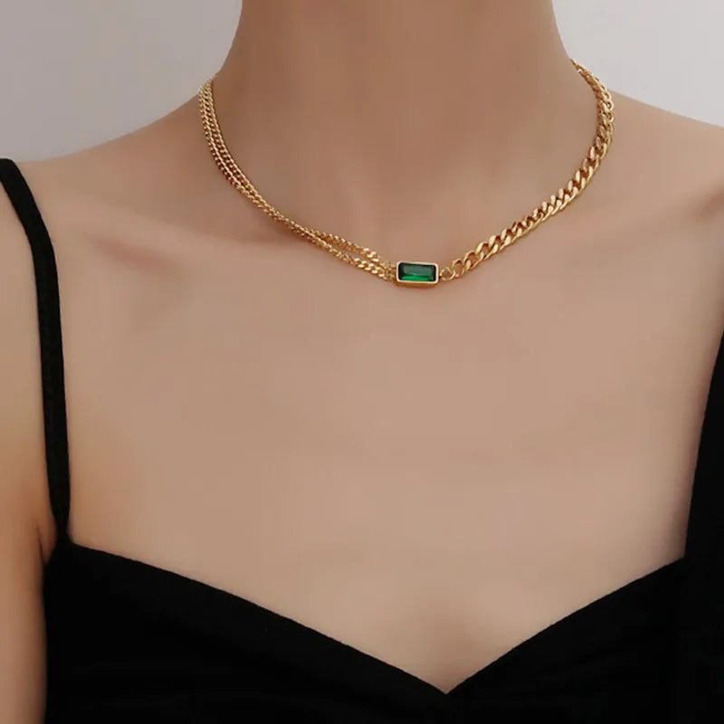 Green Rhinestone Double Chain  Necklace 18 k Gold Plating  Choker for Women Girls