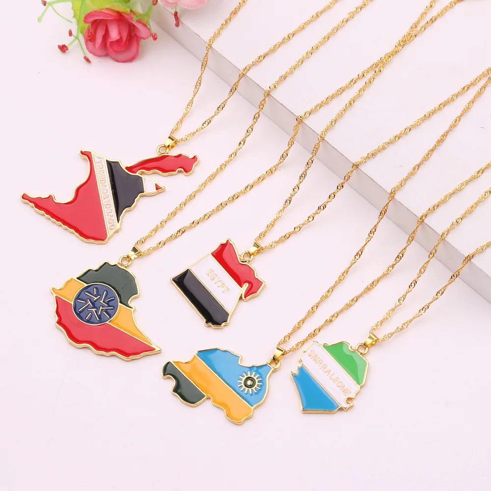 Qiuhan OEM/ODM Enameled Africa America Asia Europe Country Flag Necklace World Map Necklaces for Women