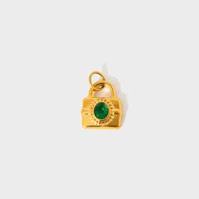 Retro Inlaid Green Oval Lock Pearl Zircon Charm Titanium Steel Handmade DIY Stainless Steel Gold-plated Accessories
