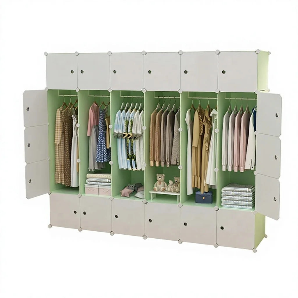 Modern Extendable Folding Plastic Wardrobe Green with White Door Home Bedroom Storage Cabinet