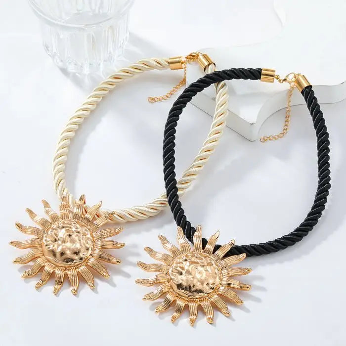 Exaggerated Punk ZA Metal Sunflower Pendant Necklace Earring for Women Luxury White Rope Cord Chokers Collar Necklace Set