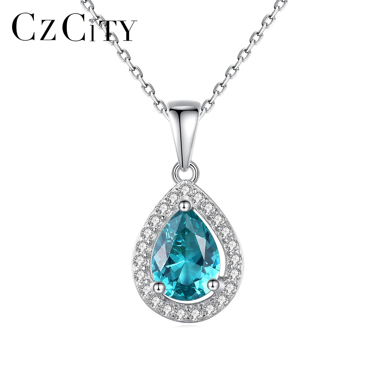 CZ Pave Bold Pear-Shaped Teardrop Pendant S925 Sterling Silver Link Chain Emerald Gemstone Necklace