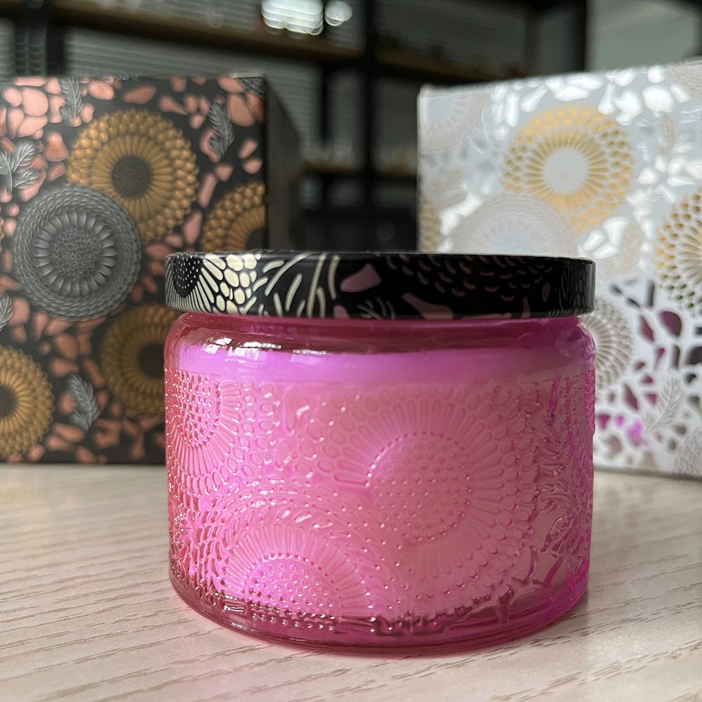 Customized Round Fancy Pink Deodorant Candle Packaging Home Incense Arabic Oud Bukhoor Glass Jars with Metal Lid