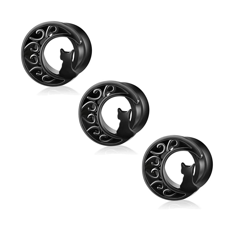 Wholesales 6-16mm Black Cat Moon Stainless Steel Ear Tunnels Plugs Double Flare Earrings Gauges Stretcher Kit Trendy Wedding