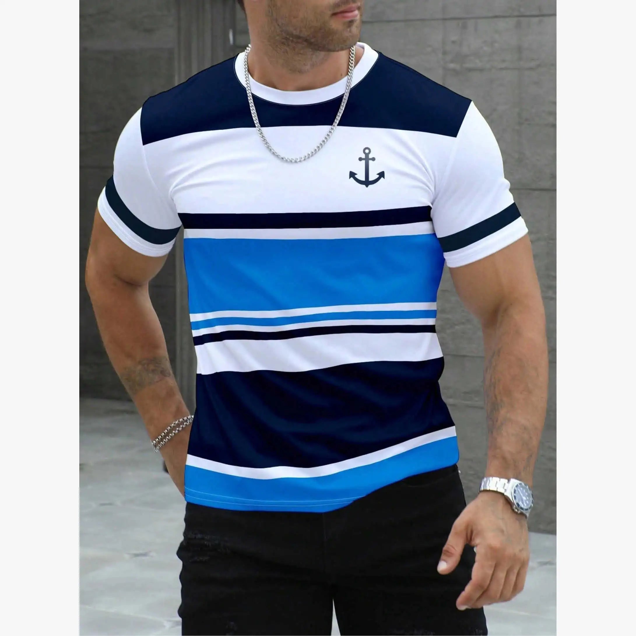 Striped Style Men's T-Shirts Color Block Fashion Logo Custom Color 2PCS Low Price Wholesale