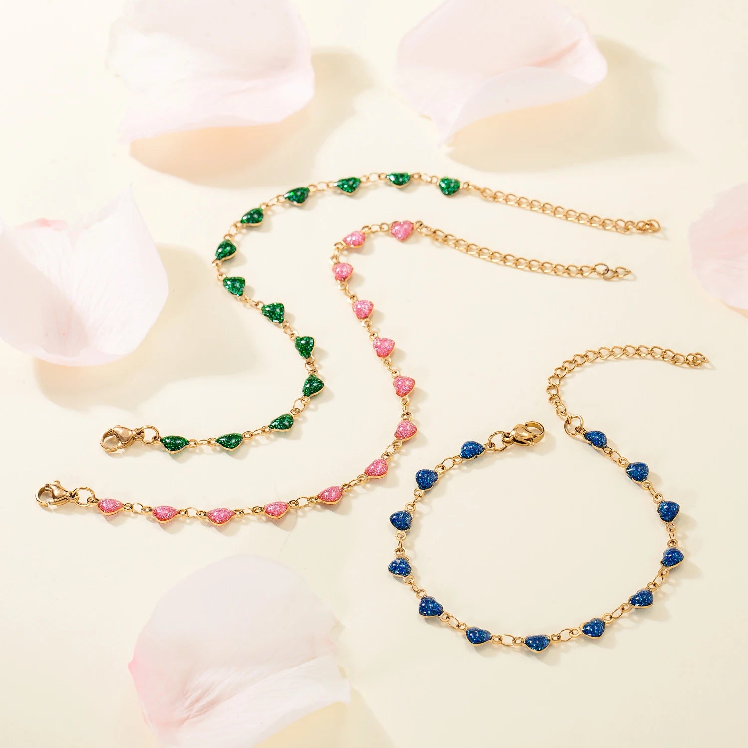 In Stock No Fade Stainless Steel 18k Gold Plated Bracelet Sweet Design Colorful Gemstone Peach Heart Bracelet