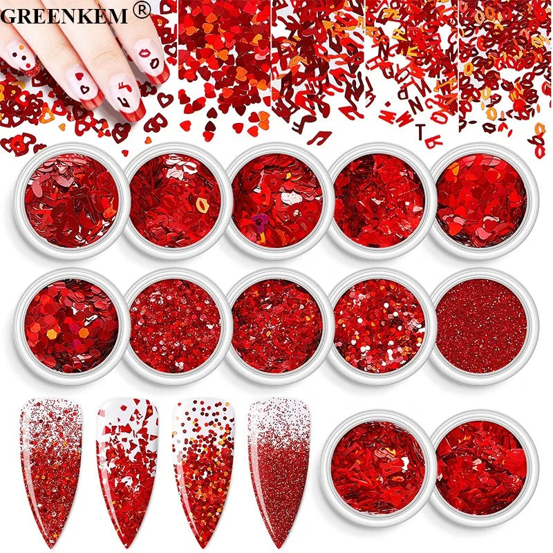 New 12Pcs/24Pcs Set Valentine's Day Nail Art Glitter Red Heart Star Design Nail Decorations 3D Holographic Nail Art Glitter