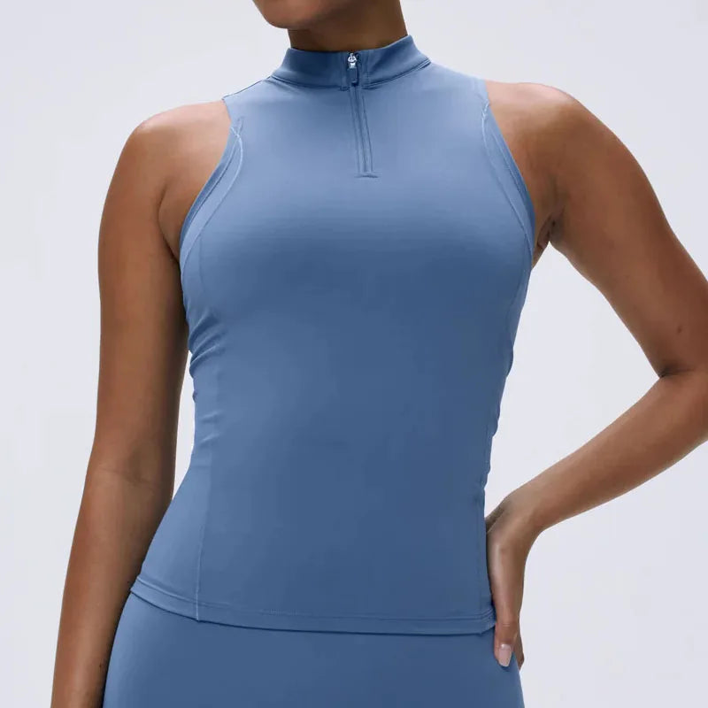 OEM  Body Fit Sport Gym Wear Running Ladies Sleeveless Half-zip 1/4 Quarter Zip Vest Fitness tank Top Women