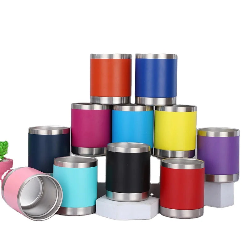 Reusable 10oz Beer Can Cooler Glasses Stainless Steel Termos Holder Thermal Vacuum Mini Coffee Travel Mug Cup Tumbler Slider Lid