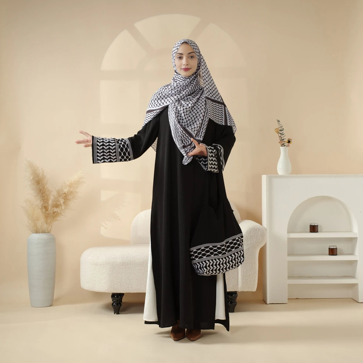 Palestinian Keffiyeh-Inspired Abaya with Matching Crossbody Bag Keffiyeh Abaya Women Prayer Dress Muslim Set Islamic Clothes