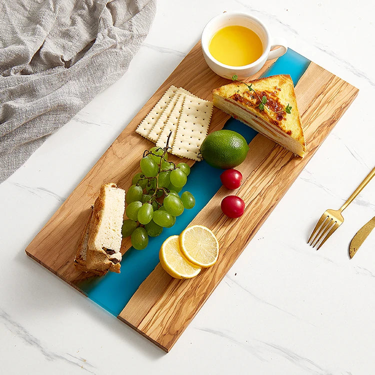 Stock Multi Color Epoxy Resin and Olive Wood Cutting Serving Charcuterie Board
